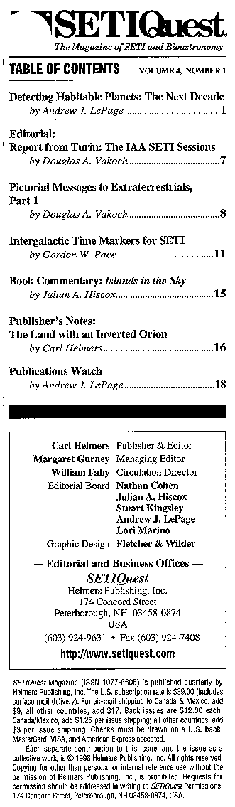 SETIQuest, Volume 4, Number 1 - Table of Contents (17373 bytes)