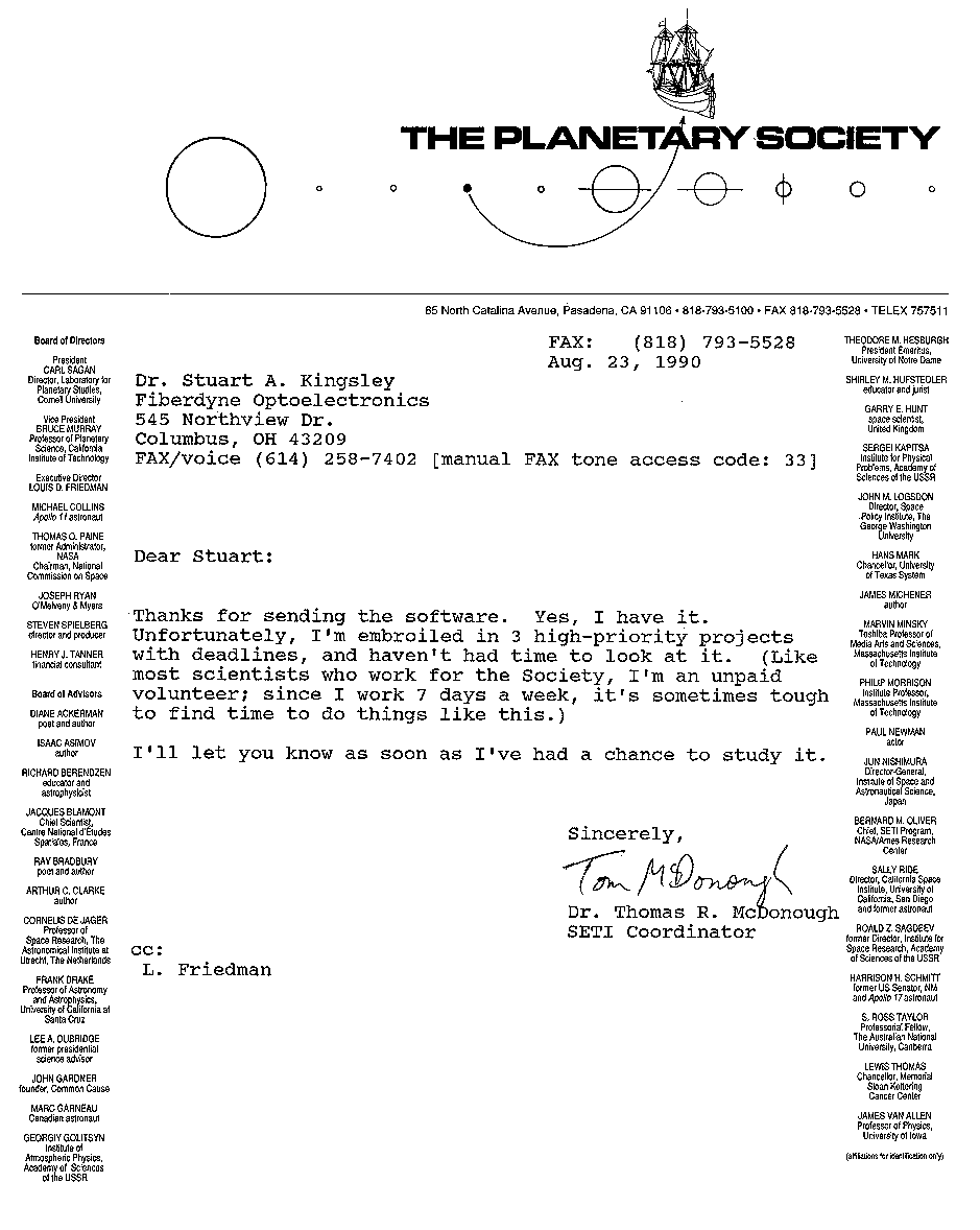 First Communication with Planetary Society about Optical SETI